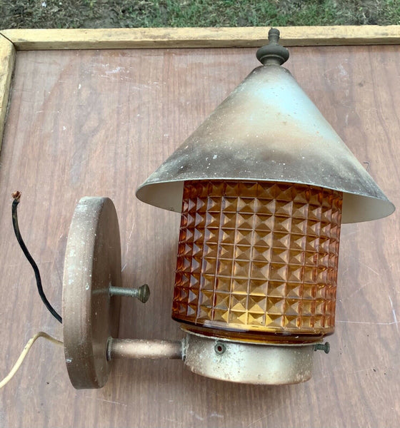 Antique Porch Light Sconce Lantern Metal Arts & Crafts  mission vtg amber globe