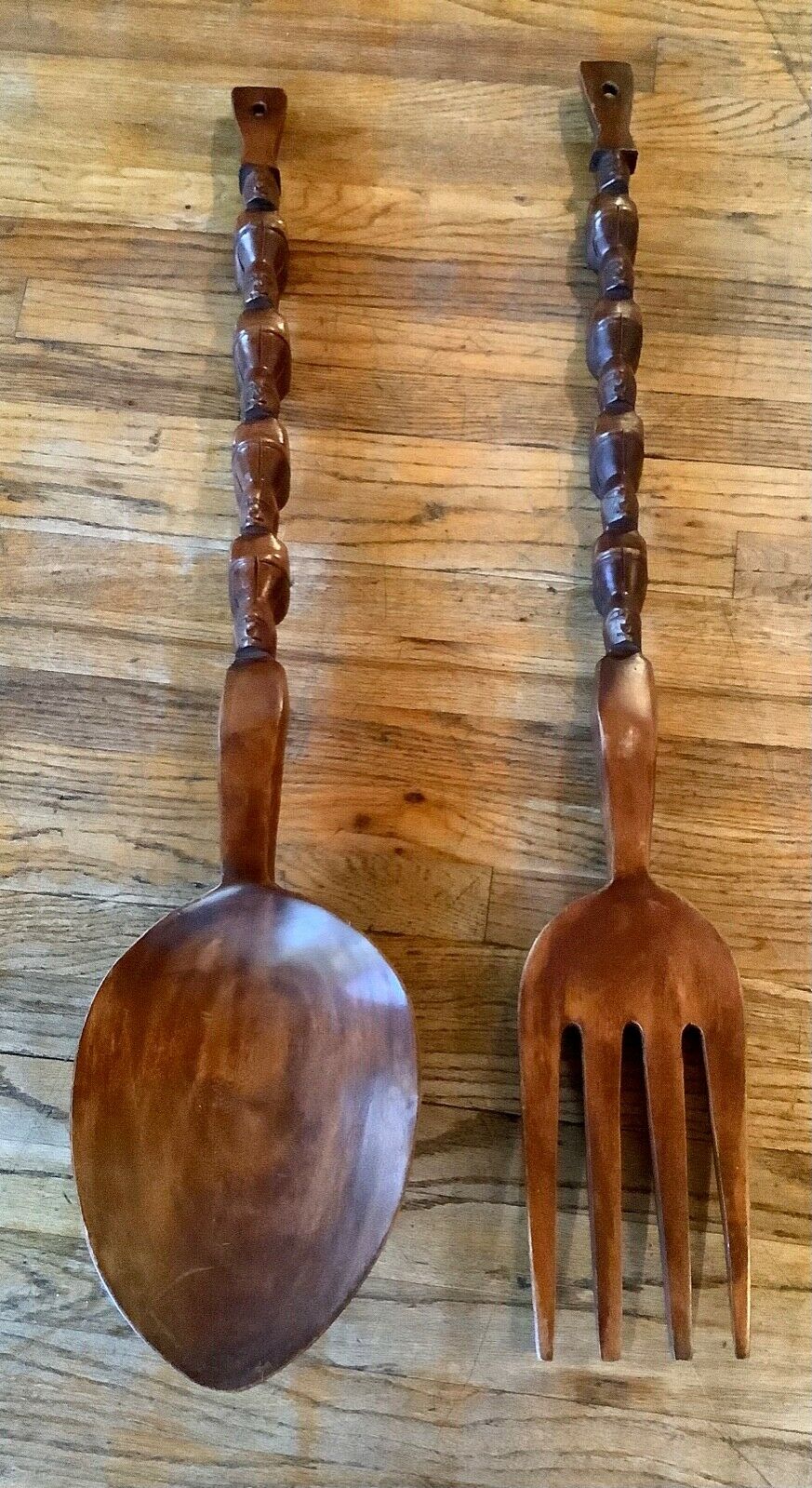 Vtg  Large Carved Wooden Fork and Spoon Wall Decor hanging Wood Tiki Totem mcm