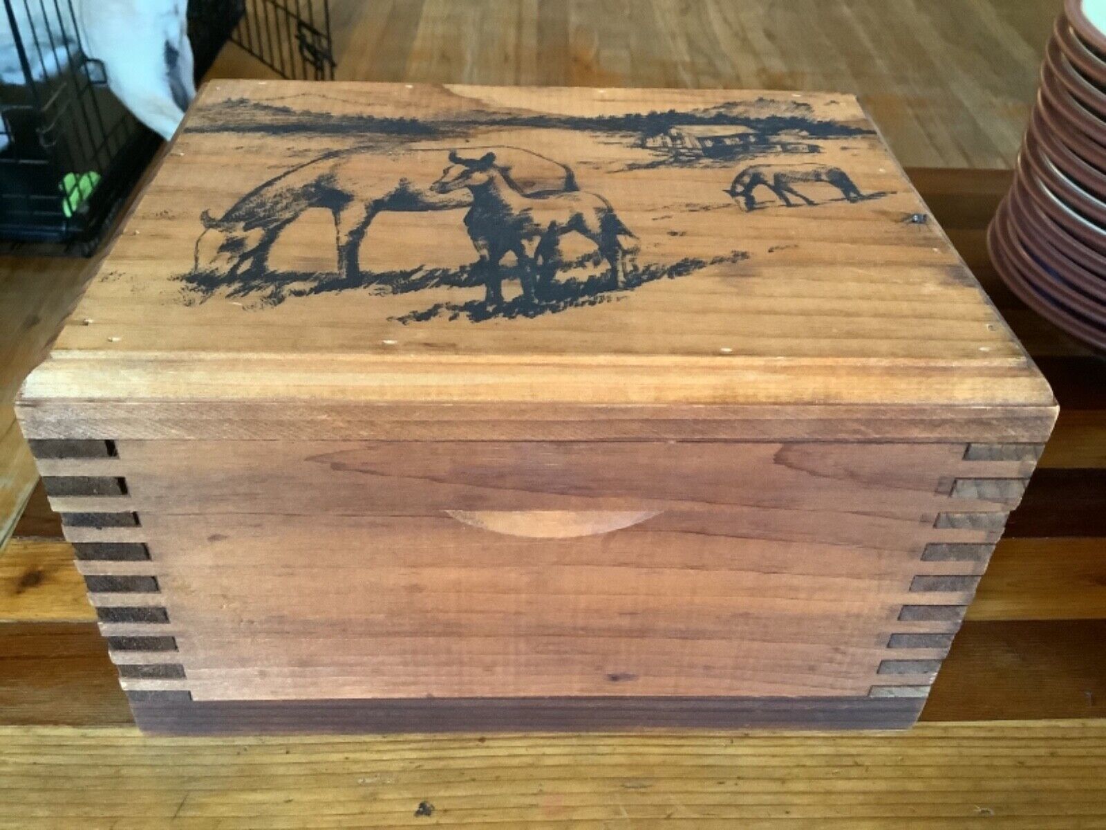 VINTAGE Wooden WOOD HINGED DOVETAILED TRINKET storage  BOX horses western chest