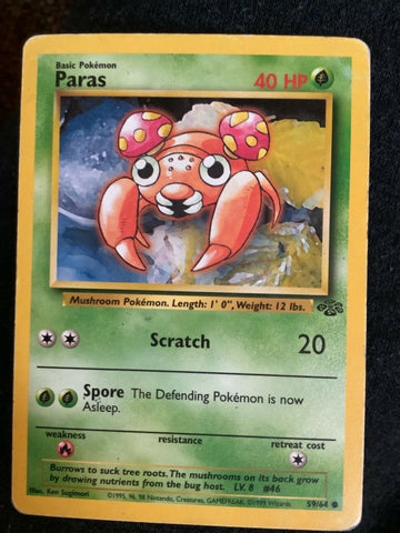 ULTRA RARE Paras Pokémon Card, 1995 96 98, 59/64 EXCELLENT CONDITION! Basic