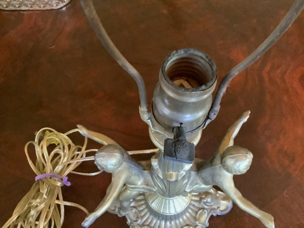 Antique Vintage cast Electric Cherubs Table boudoir Lamp Slag Glass brass Shade