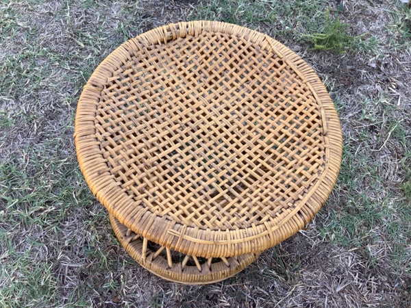 Vintage Round Woven Wicker Rattan Pedestal Drum Table Plant Stand Stool mcm boho