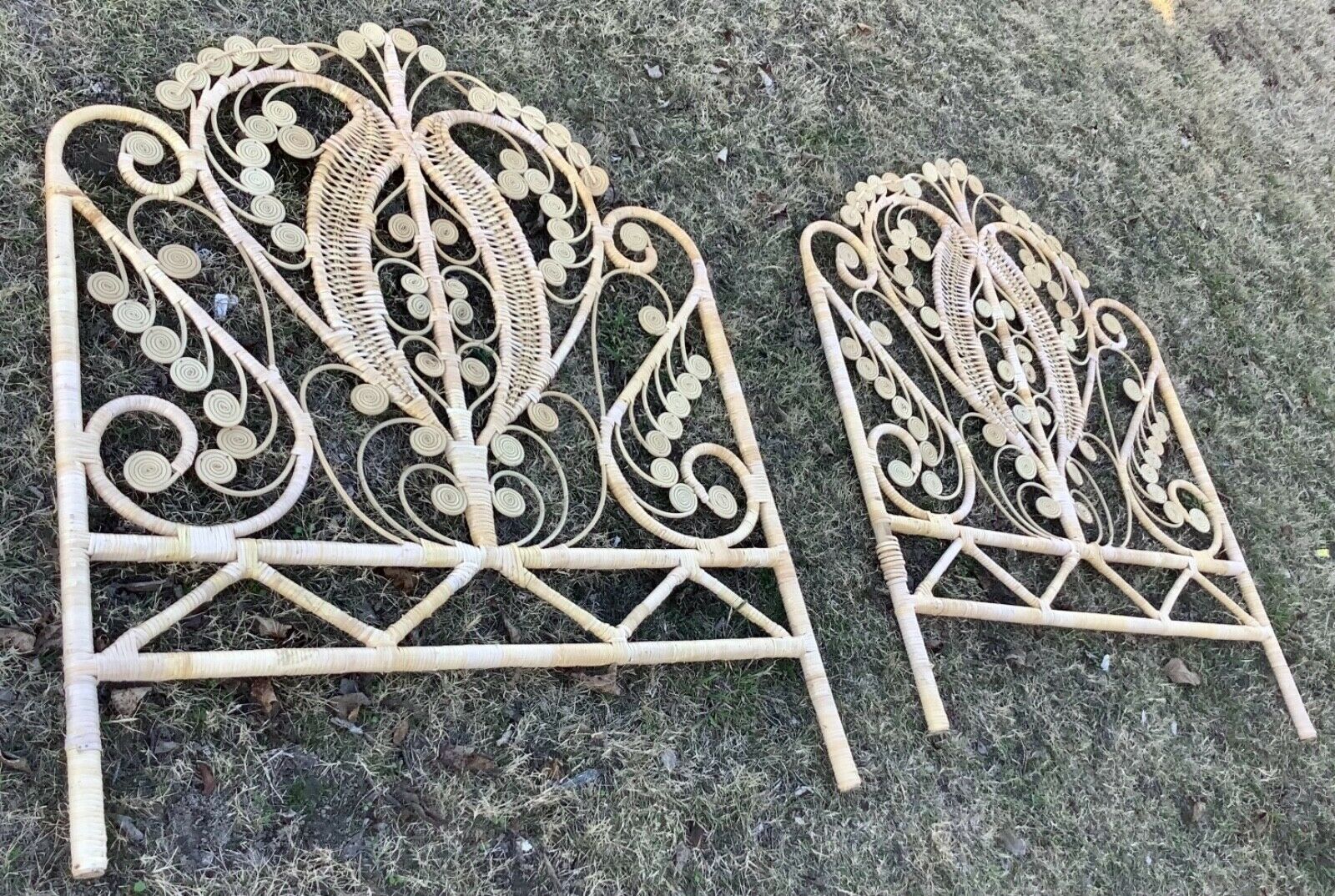 Vintage mid century  pair wicker peacock headboards bed frame twin or king