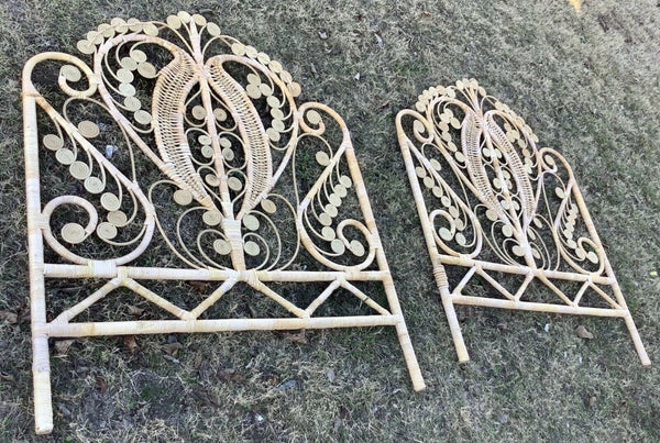 Vintage mid century  pair wicker peacock headboards bed frame twin or king
