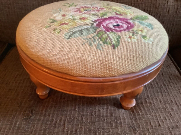 Antique foot Stool Needlepoint Seat Roses floral Blue Multi-Color footstool wood