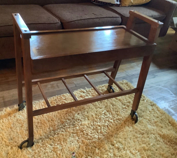 Vintage MID-CENTURY Modern BAR CART Trolley SERVING Rolling Record tv stand Wood