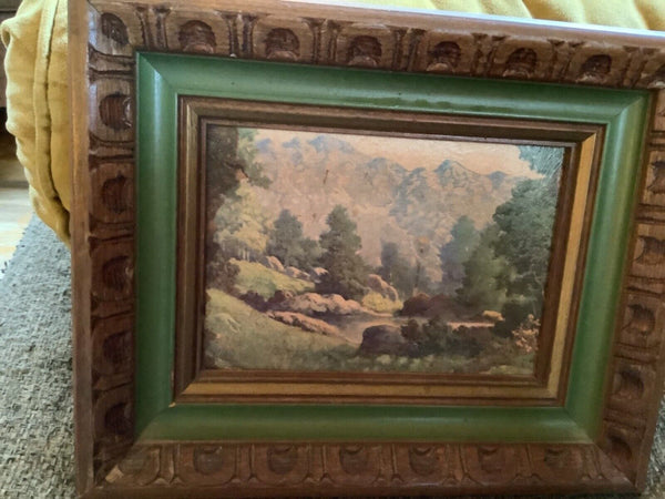Pair Small Vintage carved frames Framed Art Print litho Scenic  mountains trees