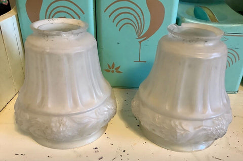 Vtg pair Cut Floral pattern Frosted satin Glass table Lamp SHADES  globes