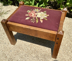 Vintage antique Oak wood wooden Foot Stool needlepoint floral Roses