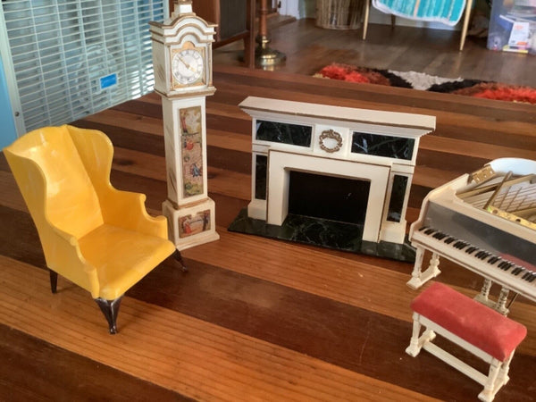 Ideal Dollhouse Furniture Lot  Fireplace Chair Piano bench grandfather clock
