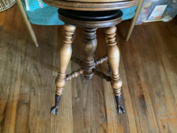 Antique Vtg Wood wooden Piano Stool Eagle Claw & Ball Feet Ornate seat spins