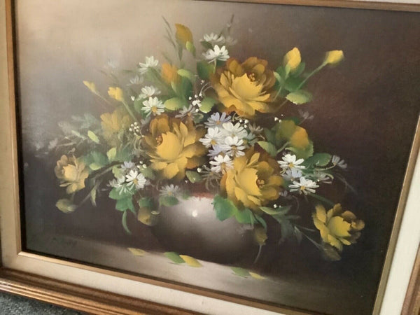 Vtg mid century Oil Canvas Mexico frame Floral flowers framed Art still life