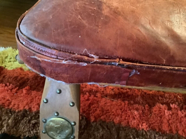 Vintage Antique Egyptian Camel Saddle Leather Cushion Foot Stool Ottoman Wood