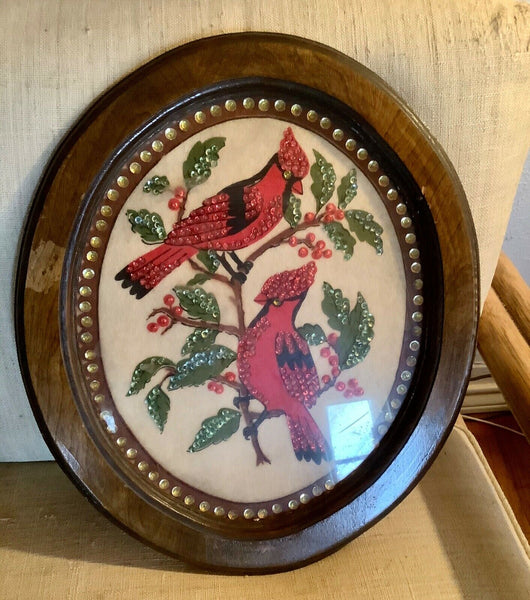 Vintage Red Birds Felt Art oval wood wooden frame Framed
