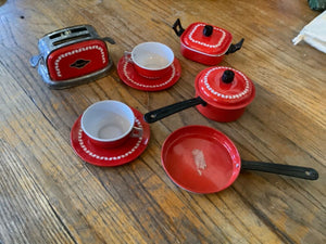 Vintage Special Tin Toy Kitchen Toaster Pots & Pans Lot cup saucer tea set
