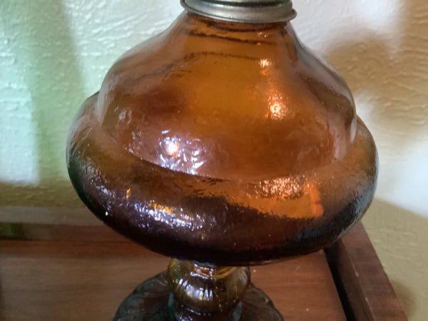 Vintage AMBER GLASS brass  OIL LAMP.chimney made in Hong Kong