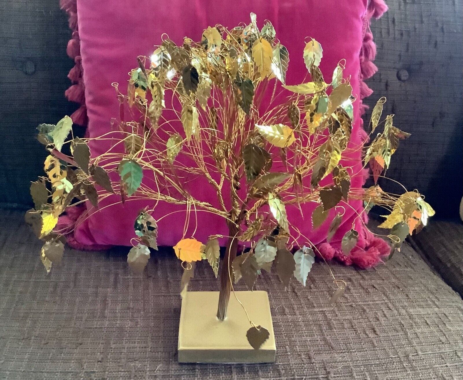 VINTAGE GOLD BRASS Tin metal wood SCULPTURE DREAM TREE mid century modern retro