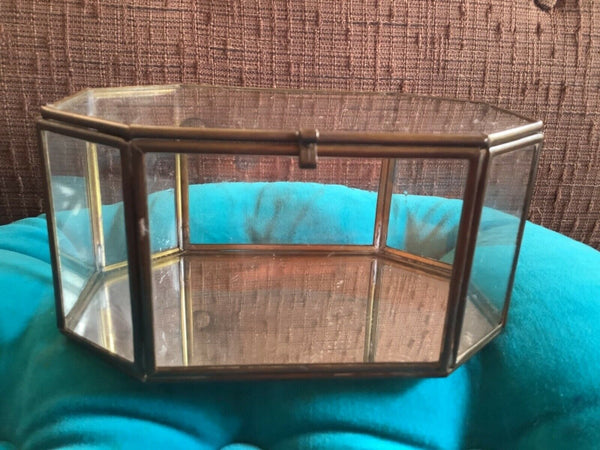 Vtg Brass Glass Shadow Box Trinket Jewelry mirror Octagon  pyramid Chest display