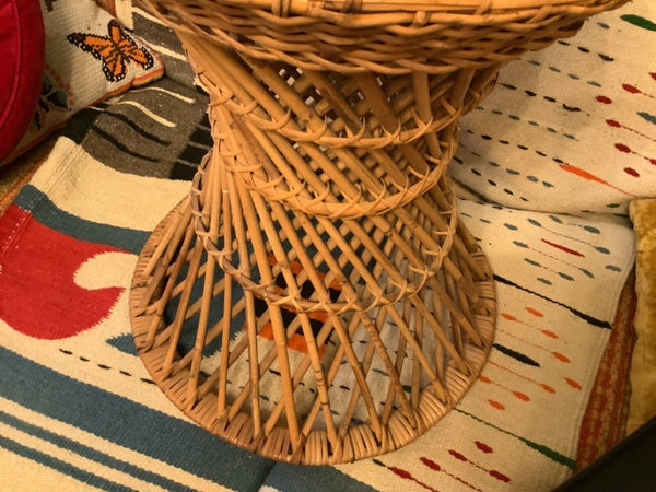 Vintage Round Woven Rattan Bamboo Cane Plant Stand TIKI Cocktail Side End Table