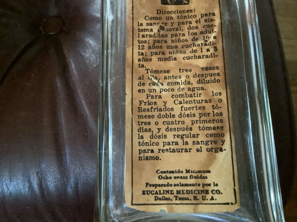 THE EUCALINE MEDICINE CO. Glass Bottle with label Vtg antique Dallas Texas