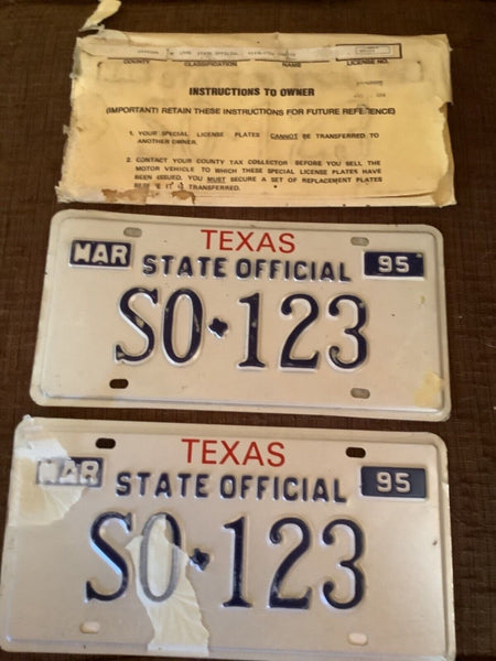 1995 TEXAS State Official LICENSE PLATE PAIR UNUSED