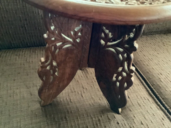 Vintage Indian Walnut Hand Carved Round Folding Plant Stand end Table