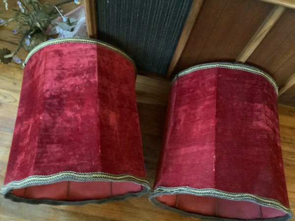 Vintage Mid Century Red suede velvet  Drum Barrel Table Lamp Shade Pair retro