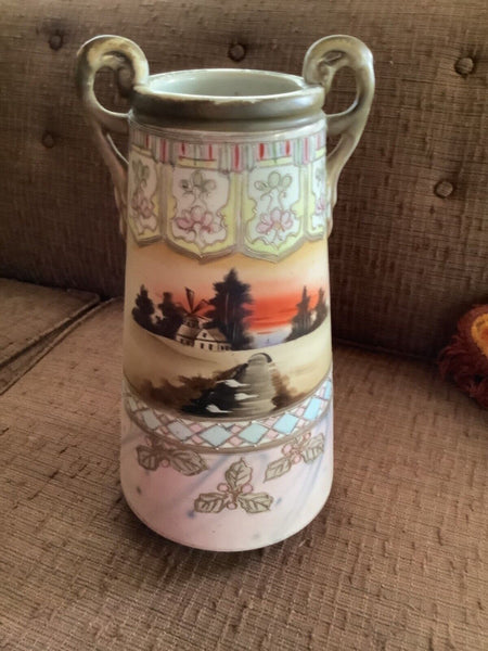 Vintage SIGNED NIPPON HAND PAINTED SCENIC HANDLED VASE antique windmill