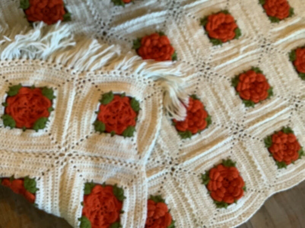 Vintage Hand Made Crochet Granny Square Quilt Afghan 3D Rose orange White throw