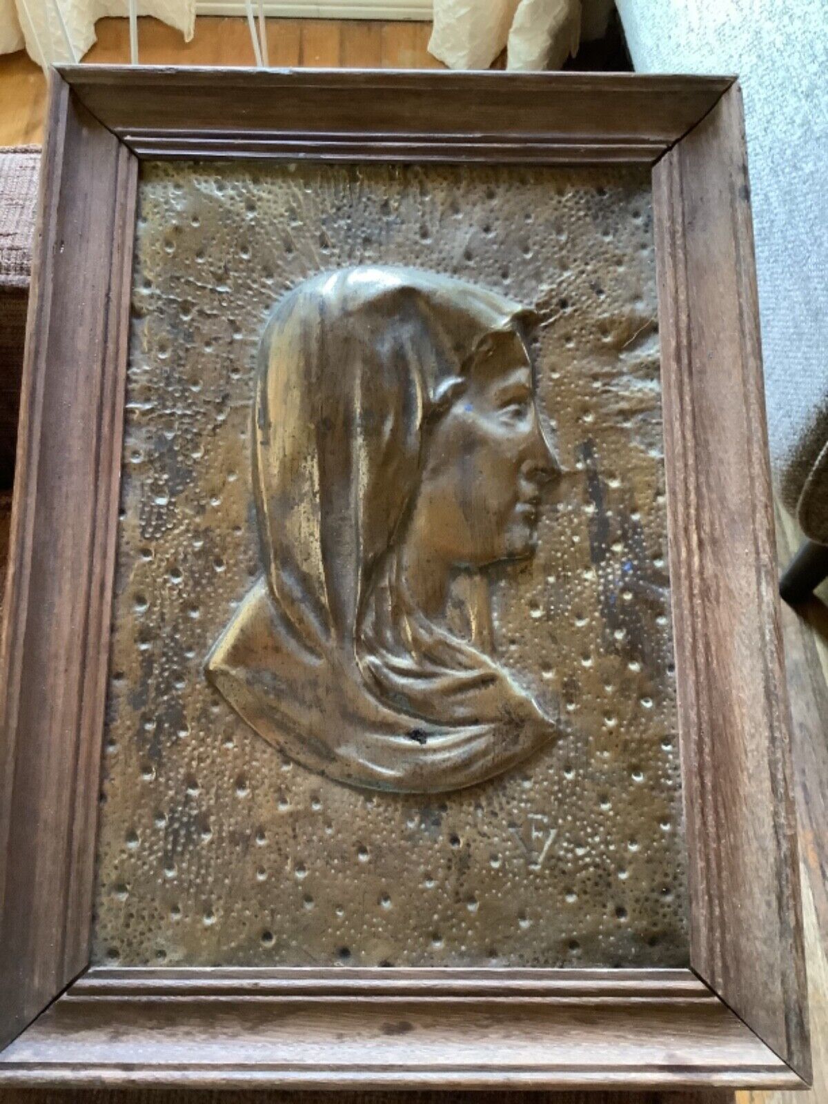 Vtg Catholic Virgin Mary Mother copper brass Wall Plaque picture frame wood VF