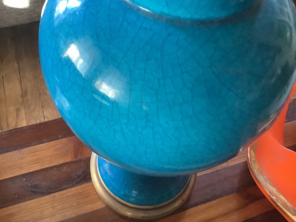 Vtg mid Century modern Glazed Ceramic Art Pottery Blue Table  Lamp ginger jar