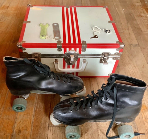 Vtg Black ROLLER SKATES Chicago Wards Hawthorne Wheels Mens 7 with keys and case