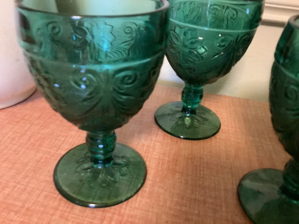 (4) Indiana Tiara Sandwich Glass Green Chantilly Pedestal Water Goblets 5 3/8" T