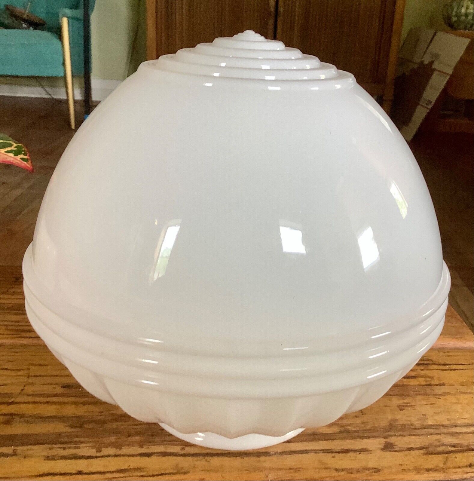 Vintage Art Deco White Milk Glass School House Ceiling Light Shade Ribbed MCM