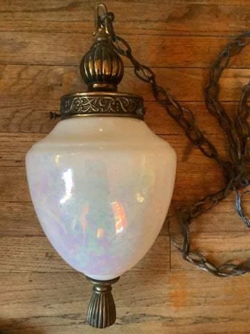 Vtg Hanging Swag Lamp  Globe Mid Century MCM Pearl Iridescent White light