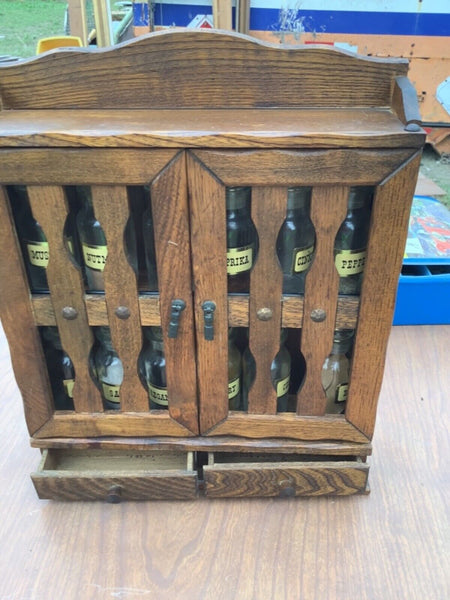 Vintage wood spice shelf  rack cabinet chest &  Bottles with Drawers & Doors