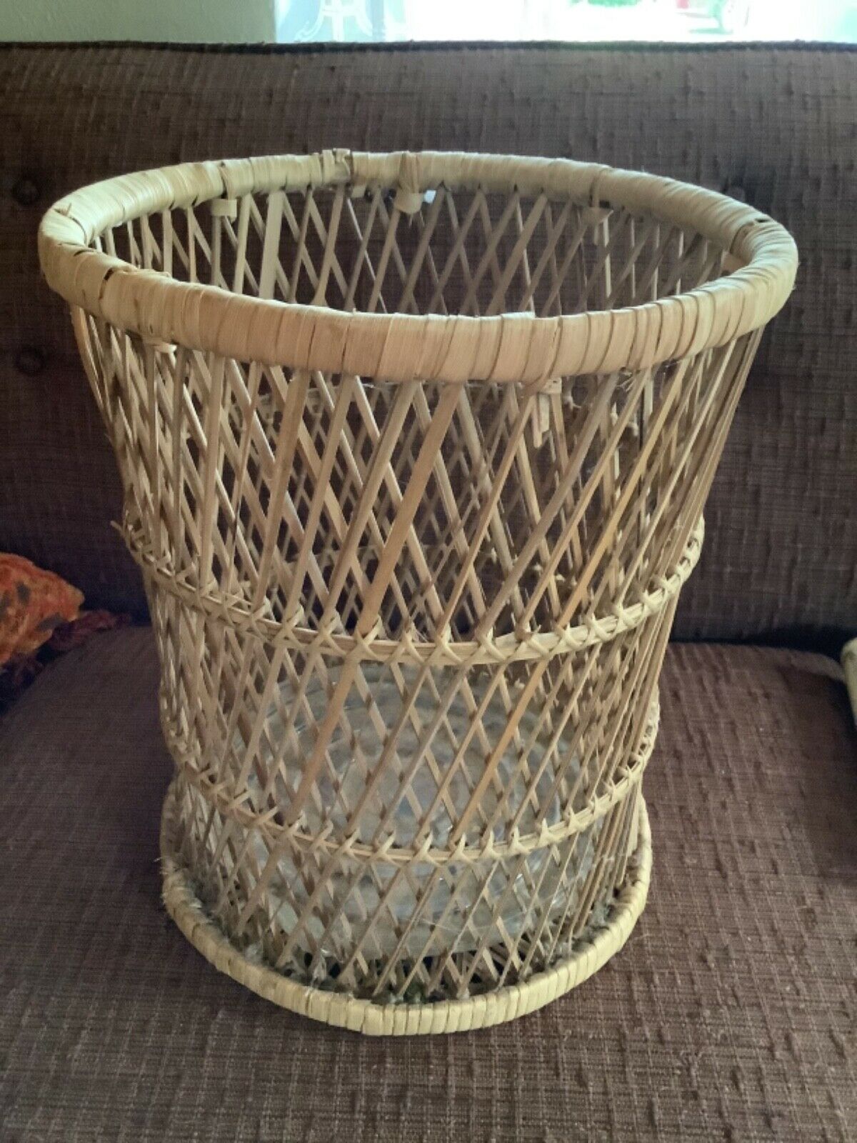 Vintage WICKER Trash Can RATTAN Basket BOHO Plant Stand MID-CENTURY Bamboo TABLE