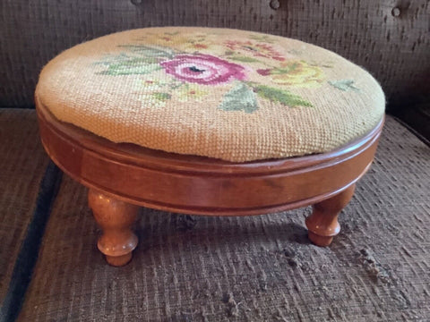 Antique foot Stool Needlepoint Seat Roses floral Blue Multi-Color footstool wood