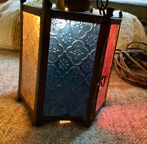 Vtg metal Brass Mcm Light Fixture lamp swag stained glass lantern patio