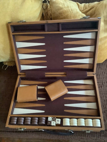 Vtg Backgammon game Set Faux Leather Portable Travel Folding Case  Handle dice