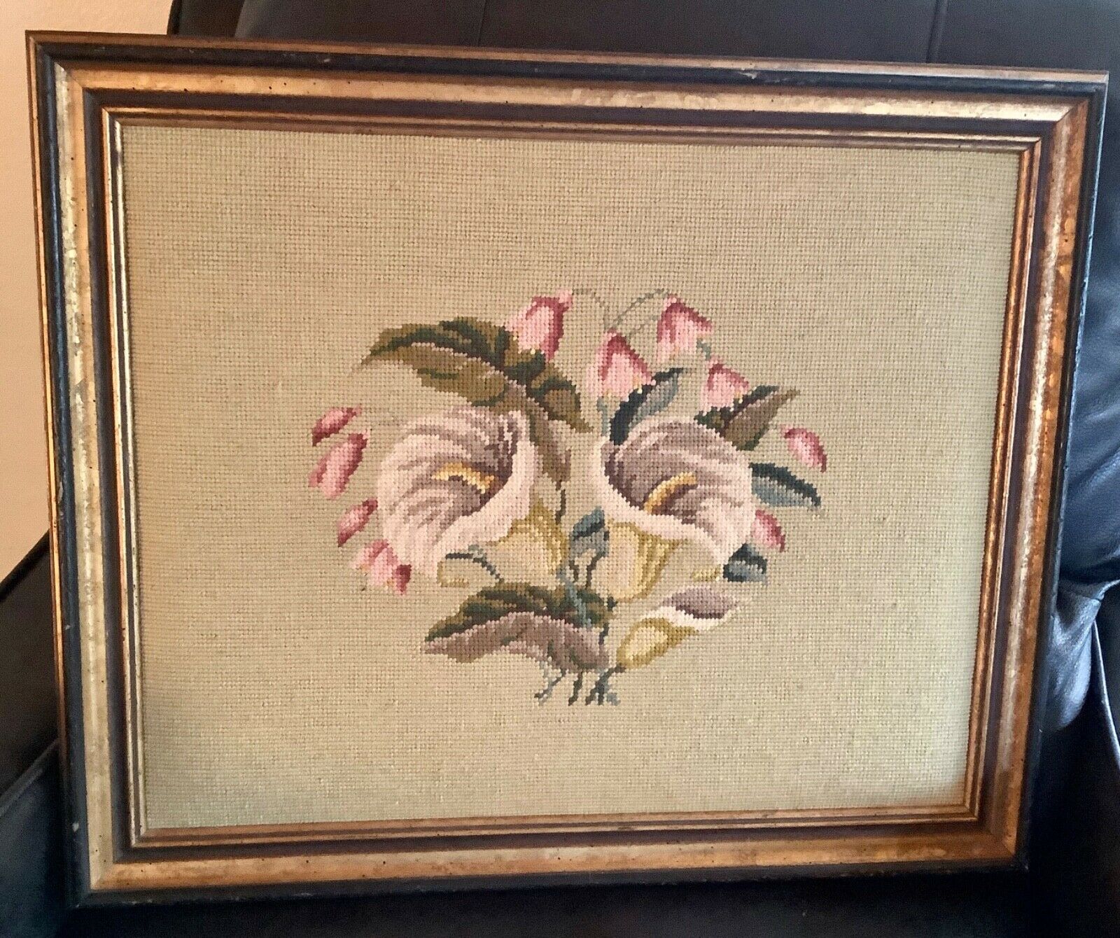 Vtg antique Framed gold frame Floral Shabby Chic Victorian Needlepoint Art