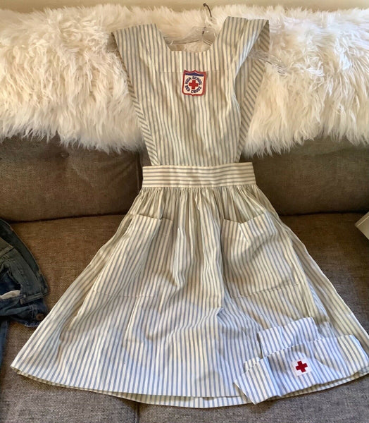 VINTAGE AMERICAN RED CROSS  high school VOLUNTEER UNIFORM WITH HAT SIZE  STRIPED