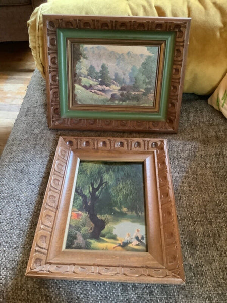 Pair Small Vintage carved frames Framed Art Print litho Scenic  mountains trees