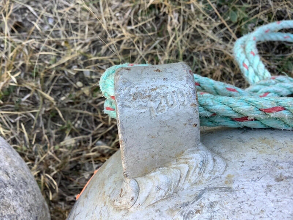 Vtg pair Antique Deep Sea metal zinc float buoy BELL with rope