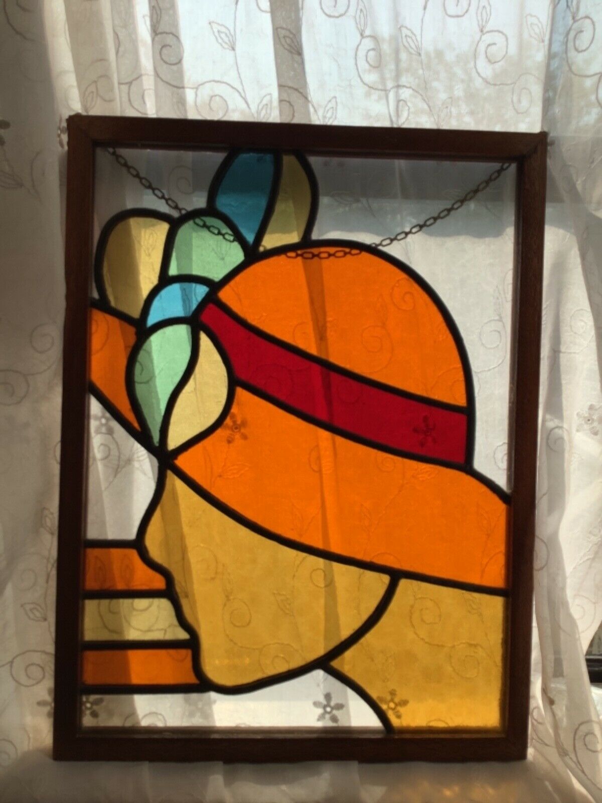 Vtg  STAINED Leaded GLASS WOOD FRAME framed WINDOW sun catcher lady woman