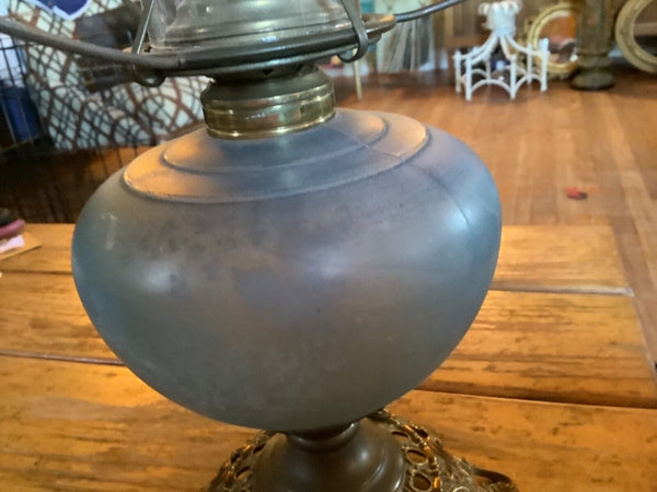 Antique Vtg Blue kerosene oil lamp Cherub electric parlor with chimney