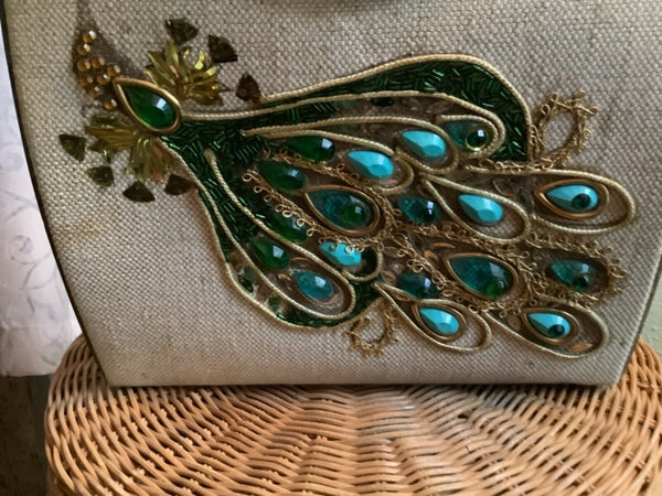 Vintage mid century modern Purse handbag bag  Peacock Bird Jeweled Wood sides