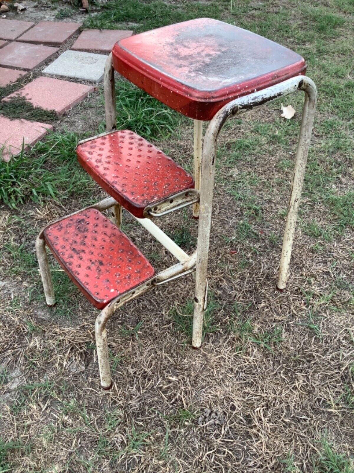 Vintage Cosco Red & White Kitchen Step Stool  chair Ladder Seat fold out Steps