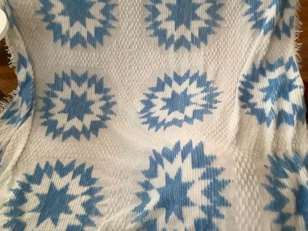 Vintage Blue white Brocade Damask Bedspread 100x70 and curtains mid century