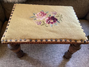 Antique Country Needlepoint Foot Stool Vintage Cross Stitch Step stool wood